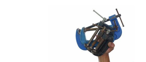 hand wearing black gloves holding different size of C clamp isolated white background