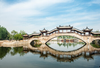 An ancient corridor bridge in Taierzhuang Ancient City, Zaozhuang, Shandong Province, China