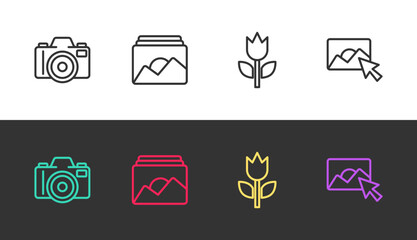 Set line Photo camera, frame, mode macro and retouching on black and white. Vector