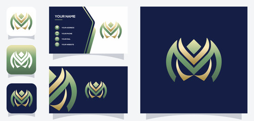 Fototapeta na wymiar vector graphic of initial MV or VM green and gold color logo design skull eyes with business card