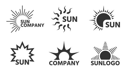 Sun logo flat tag set. Various shape sunshine business emblem. Cartoon summer sunlight rays sunrise sunset badge. Simple graphic solar label. Sunny hot logotype with company name isolated on white