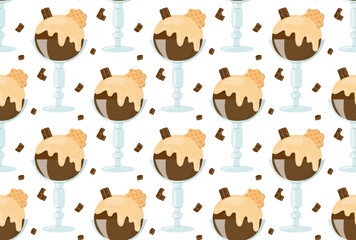 Chocolate icecream condensed milk cookie glass pattern. Sweet cold dessert beautiful dish cup restaurant menu napkin modern holiday handmade wrapping paper print textile wallpaper festive background