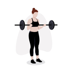 Fototapeta Kobieta z dużą sztangą. Dziewczyna rzeźbiąca ramiona - ćwiczenia na biceps. Trening ramion. Zdrowy tryb życia. Sylwetka wektor na białym tle. obraz