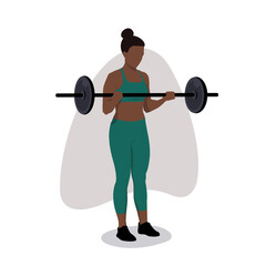 Obraz premium Kobieta z dużą sztangą. Dziewczyna rzeźbiąca ramiona - ćwiczenia na biceps. Trening ramion. Zdrowy tryb życia. Sylwetka wektor na białym tle.
