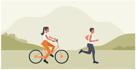 Healthy lifestyle concept, couple man and woman riding bicycle in park. Exercise activity outdoor concept vector illustration