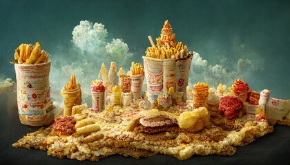 Junk food fantasy cartoon landscape made out of many hamburgers and french fries and hot dogs and pizza and ice cream cone and soft drinks and fried chicken