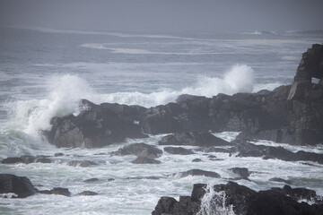 Ocean waves crashing onto a rocky shore on a foggy morning