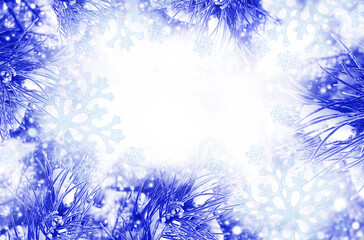 Christmas Fairy Snowy Background. Template for New Year greeting card. Blurred winter frost forest scene