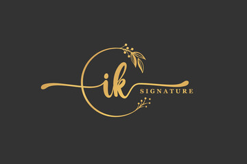luxury gold signature initial I K logo design isolated leaf and flower