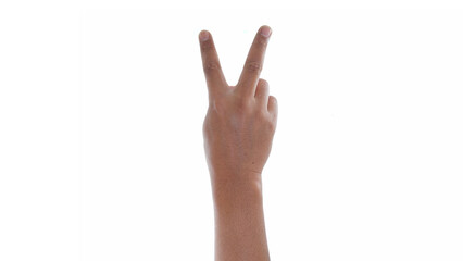 Male hand showing two finger sign isolated on white background 