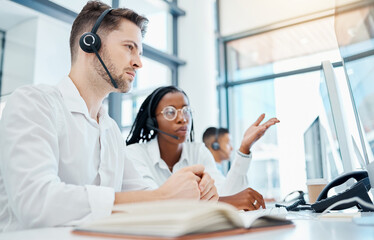Call center, customer service and leader training employee on telemarketing strategy on contact us...