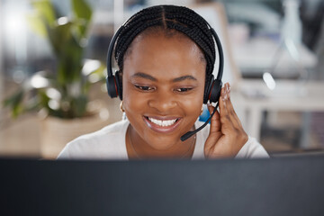 Call center, contact us support and customer service woman on computer working on crm customer...