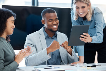 Team celebration for email news on a tablet in a corporate office with happy smile. Black employee...