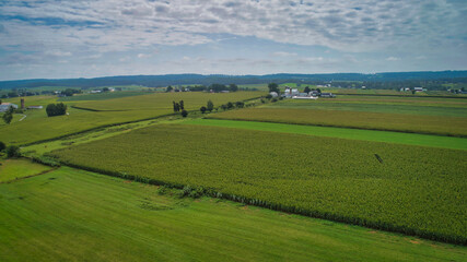 Fototapeta na wymiar Drone View of Amish Countryside With Barns and Silos and Corn, Patch Work of Color and Corps, on Sunny Day.