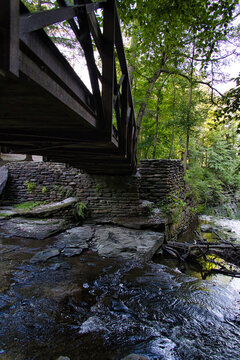 river in the woods with bridge
