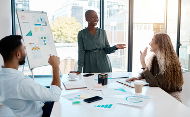 Black business woman giving a presentation with data, charts and graphs at a team meeting....