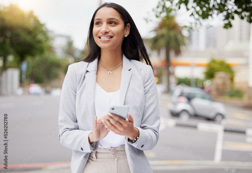 Poster Happy woman, phone and walking in city while on break and exploring business opportunity on urban street while texting or browsing internet. Entrepreneur looking for motivation while using mobile app