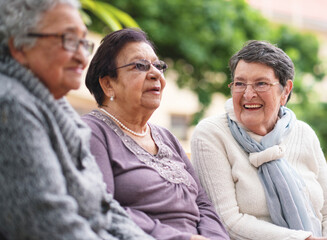Happy elderly women sitting on bench in park smiling best friends enjoying retirement together