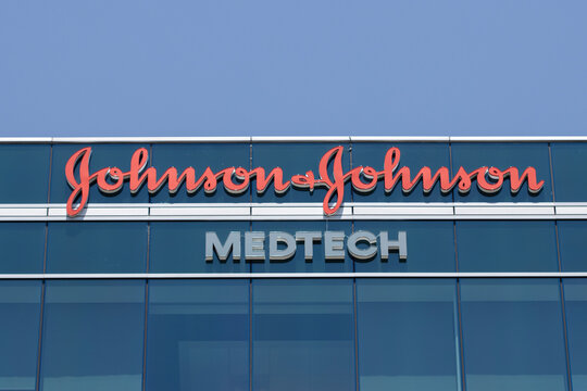 Santa Clara, CA, USA - Apr 29, 2022: Johnson and Johnson MedTech logo is seen at its office in Santa Clara, California. The segment covers interventional solutions, orthopedics, surgery and vision.