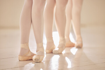 Ballet, feet or shoes of dancers dancing training and practicing for a performance in a studio. Closeup of an elegant, artistic and classy ballerina group or team preparing for a stage competition