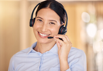 Call center agent, employee and worker with smile and headphone working at telemarketing company and helping people online at work. Portrait of face of happy customer service worker consulting - obrazy, fototapety, plakaty