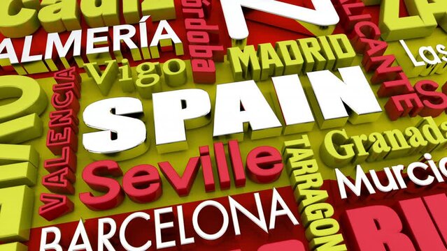 Spain Country Cities Travel Destinations Word Collage 3d Animation