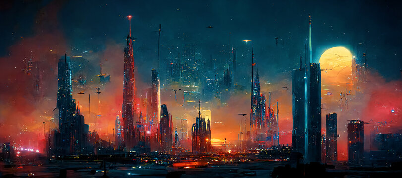 Spectacular nighttime in cyberpunk city of the futuristic fantasy world features skyscrapers, flying cars, and neon lights. Digital art 3D illustration. Acrylic painting. © Blue Planet Studio