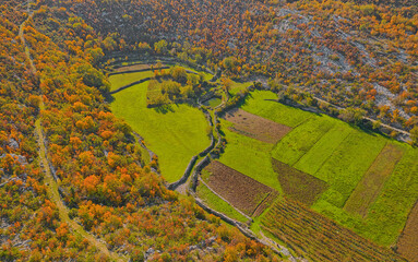 Fototapeta premium Aerial view of the plateau in the hinterland of Konavle in Croatia