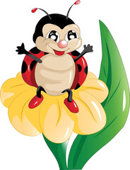 A happy little black red ladybug on the yellow flower design animal cartoon 