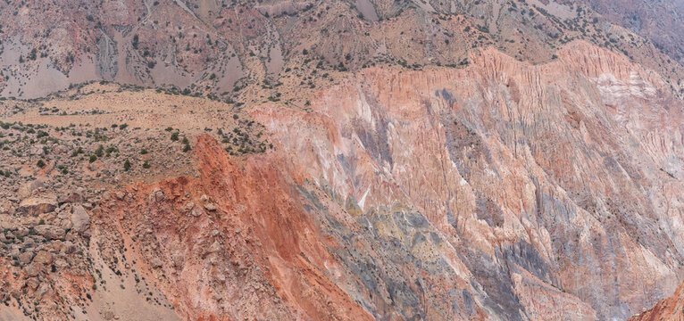 Landscape view of colorful mountainside in Iskander darya river valley near Iskanderkul lake, Fann mountains, Sughd region, Tajikistan	
