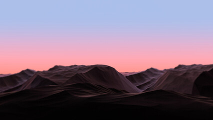 Fototapeta na wymiar Mountains on the background of the sky dawn, sunset. Landscape of mountains blurred background. Futuristic abstract landscape of mountains. 3D render.