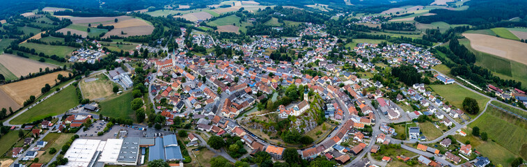 Fototapeta na wymiar Aerial view of the city Pleystein in Germany, Bavaria on a cloudy day in summer.