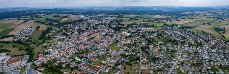 Aerial view of the city  Vohenstrauß in Germany, Bavaria on a cloudy day in summer.