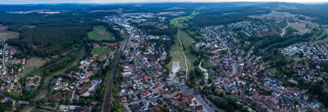 Aerial view of the city Georgensgmünd in Germany, Bavaria on a late afternoon in summer.