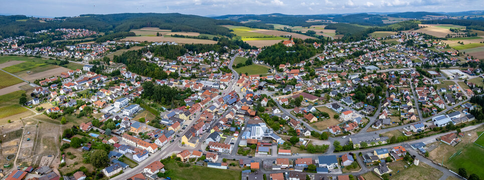 Aerial view of the city  Wernberg in Germany, Bavaria on a cloudy day in summer.