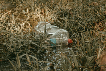 plastic in the water, pollution, polluted river, plastic, bottles