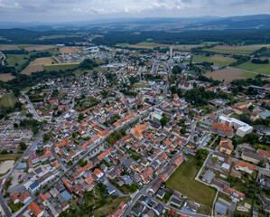 Fototapeta na wymiar Aerial view around the town Vohenstrauß in Germany, on a cloudy day in summer.
