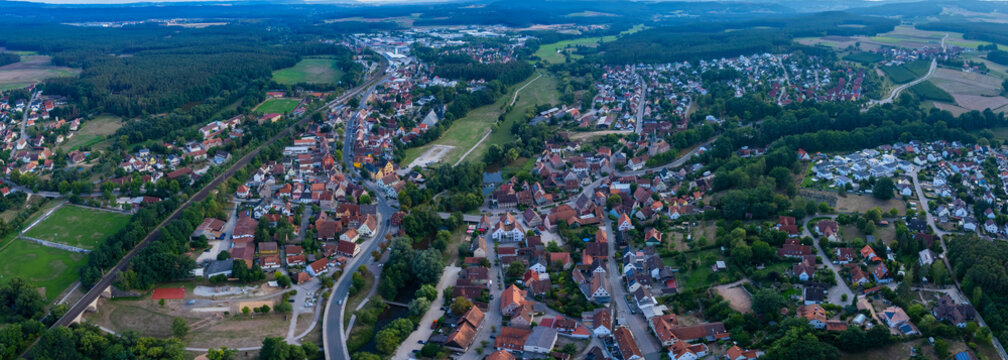 Aerial view around the city Georgensgmünd in Germany, on a late afternoon in summer.