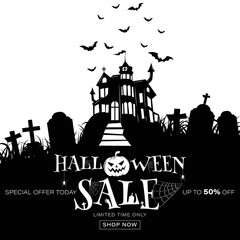 Halloween 50% off Sale Promotion Poster or banner with Halloween Pumpkin and haunted castle, bats,grave. on white background. Vector illustration