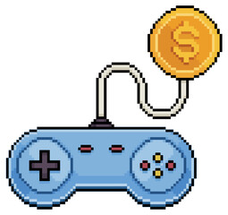 Pixel art video game joystick and coin vector icon for 8bit game on white background  © Kaleb