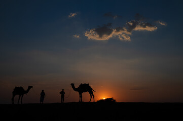 Silhouette of two cameleers and their camels at sand dunes of Thar desert