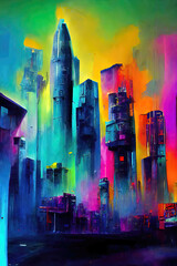 Spray Painting City, colorful. Skyscraper reaching into the clouds.