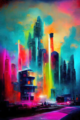 Spray Painting City, colorful. Skyscraper reaching into the clouds.