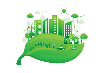 ecology city with environmentally friendly on leaf. world environment day and sustainable development. green city save the world. vector illustration in flat style modern design.ecology city with envi - obrazy, fototapety, plakaty