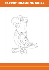 parrot drawing skill for kids. Line art design for kids printable coloring page.