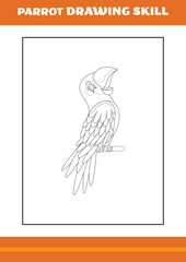parrot drawing skill for kids. Line art design for kids printable coloring page.