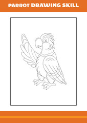parrot drawing skill for kids. Line art design for kids printable coloring page.