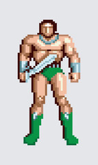 PIXEL ARCADE GAME WARRIOR MAN WITH AX AND SWORD
