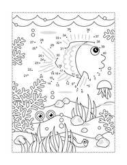 Fish dot-to-dot activity and coloring page. Full-page underwater scene. Math basics for kids.
