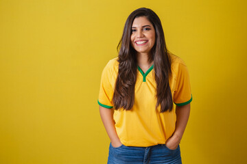 Woman supporter of Brazil, world cup 2022, soccer championship, hands on hips.